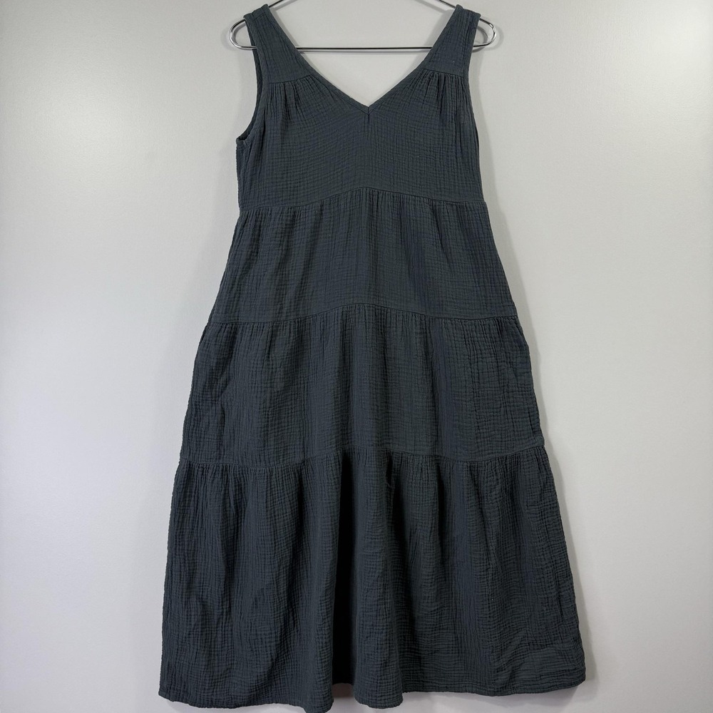 Marine Layer Dress Womens XS Gray Gauze Tiered V Neck Sleeveless Midi Sundress